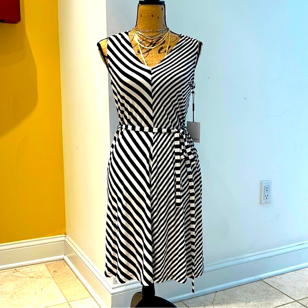 Calvin Klein black and white striped v neck midi sundress